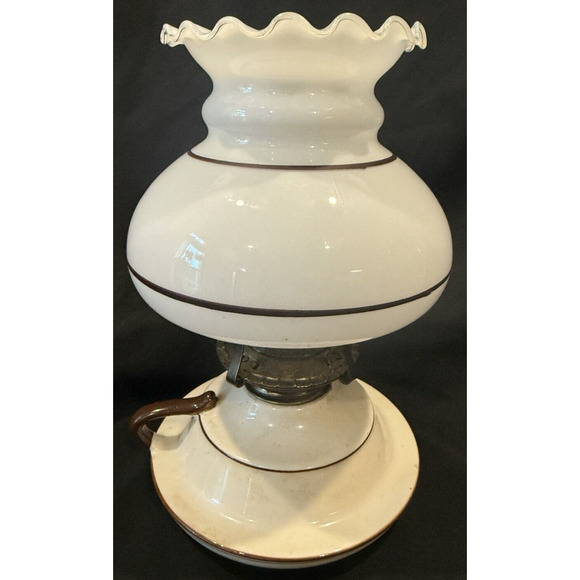 Vintage Lamplight Farms Oil Lamp Shade Stoneware Pottery Milk Glass Brown Ruffle - Picture 2 of 15